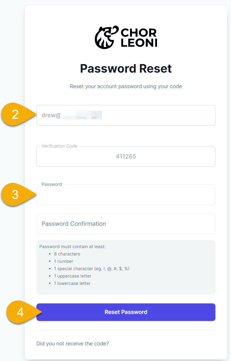 An image showing the different areas of the Password Reset form